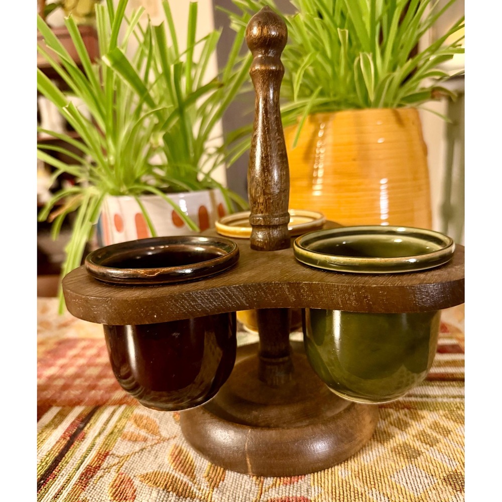 Vintage Mid Century Ceramic Condiment Set with Wooden Caddy – Made in Japan